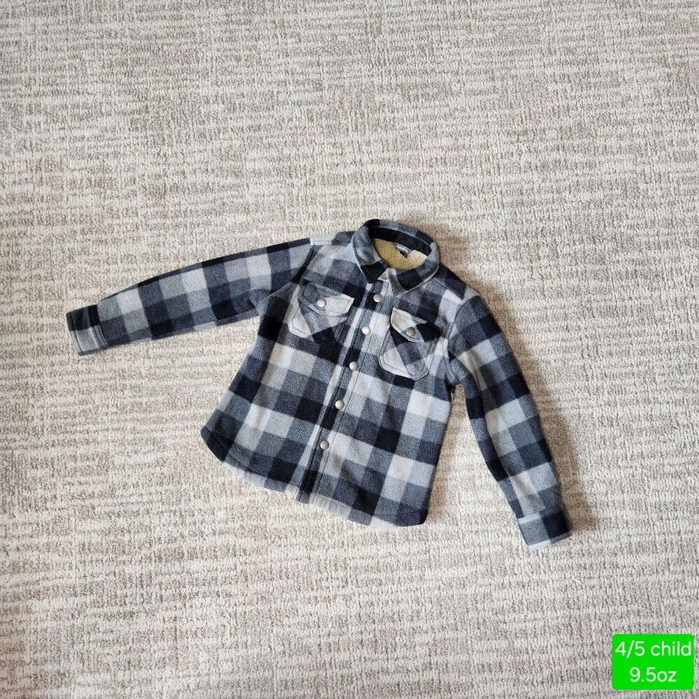 Eddie Bauer Kids Black Gray Buffalo Plaid Faux Sherpa Lined Shirt Jacket Sz 4/5